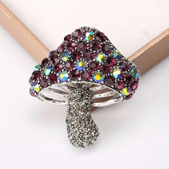 Mushroom Brooch Rhinestone Pin Sparkle Colorful Stylish Hollywood Glam - Picture 1 of 4